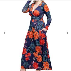 24 Seven Maxi Dress  Navy Multi Floral Size Large Stretch Knit Comfort NWT